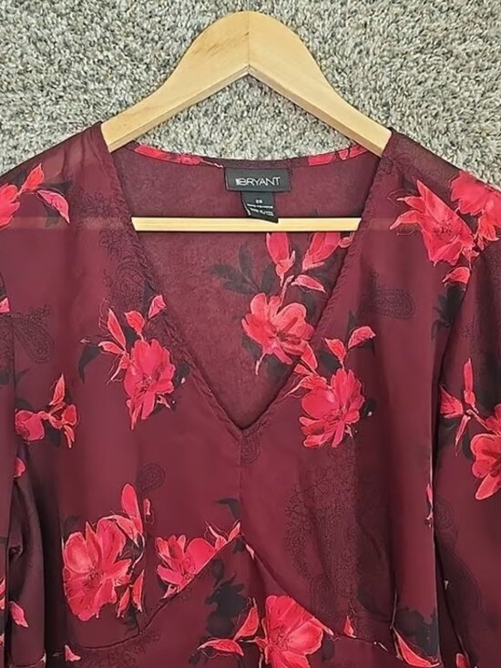 Lane Bryant Top Womens Plus 20 Burgundy Floral Print Sheer Blouse V Neck Ladies - Picture 4 of 7